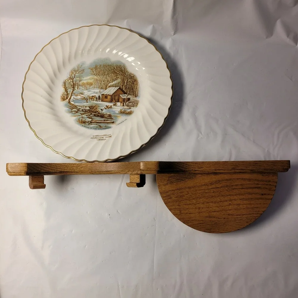 Northshore Wood‎ Products Plate Holder Wall Shelf Oak with Currier & Ives Plate